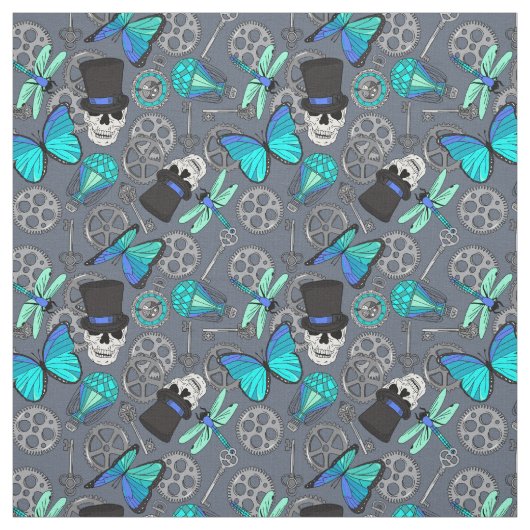 Steampunk Funky Gothic Grey en Blue Patterned Stof (Swatch)