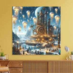 Steampunk futuristische oude stad met kwallen canvas afdruk