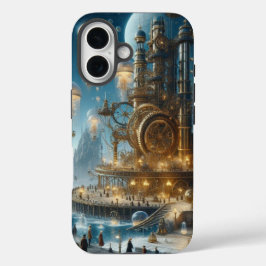 Steampunk futuristische oude stad met kwallen iPhone 16 hoesje