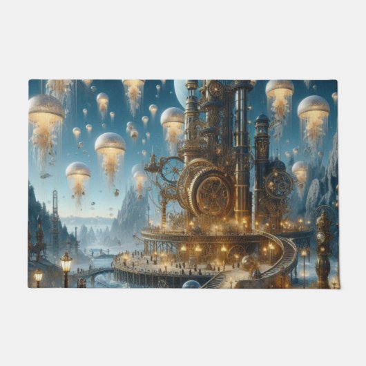 Steampunk futuristische oude stad met kwallen deurmat (Voorkant)