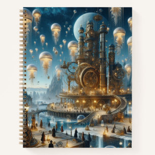 Steampunk futuristische oude stad met kwallen notitieboek