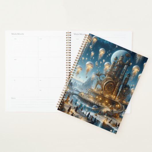 Steampunk futuristische oude stad met kwallen planner (Display)