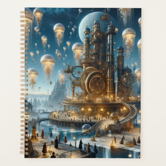 Steampunk futuristische oude stad met kwallen planner (Voorkant)