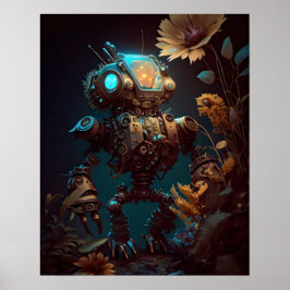 Steampunk Futuristische Robot & Bloemen Poster