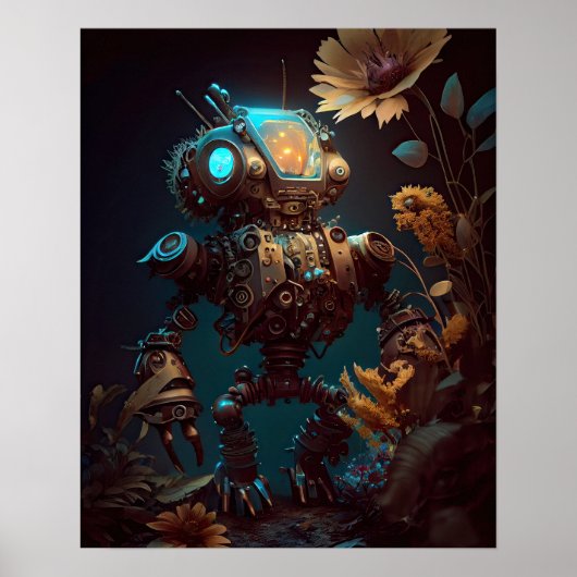 Steampunk Futuristische Robot & Bloemen Poster (Voorkant)