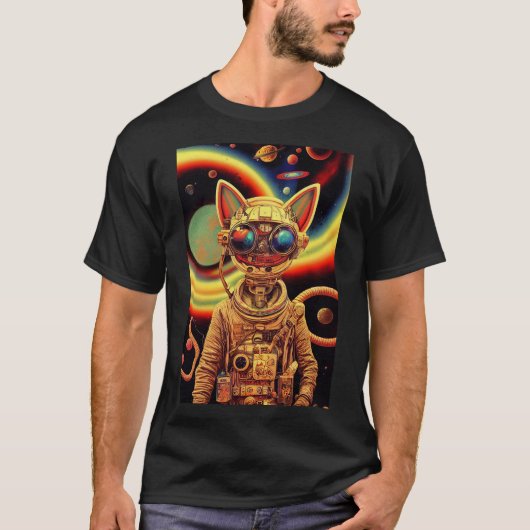 Steampunk futuristische scifi cat robot retro t-shirt (Voorkant)