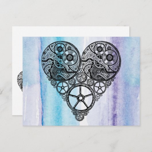 Steampunk Gear Valentijn Hart Waterverf Wedding Feestdagenkaart (Voorkant / Achterkant)