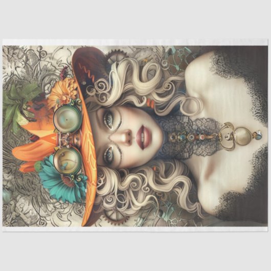 Steampunk Gearhead Vintage Lady Decoupage Tissuepapier (Voorkant)