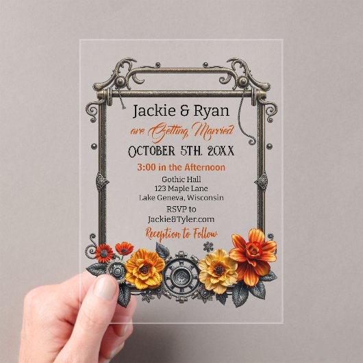 Steampunk Gears and Flowers thema bruiloft Acryl Uitnodigingen (Insitu (Draagbaar))