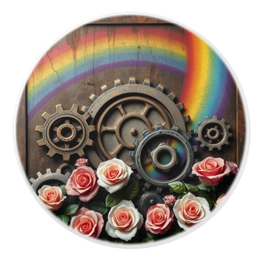 Steampunk Gears and Rainbow Keramische Knop (Voorkant)