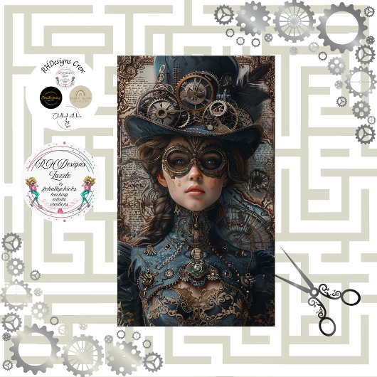 Steampunk Gears Blauwgroen Meisje Decoupage Tissuepapier