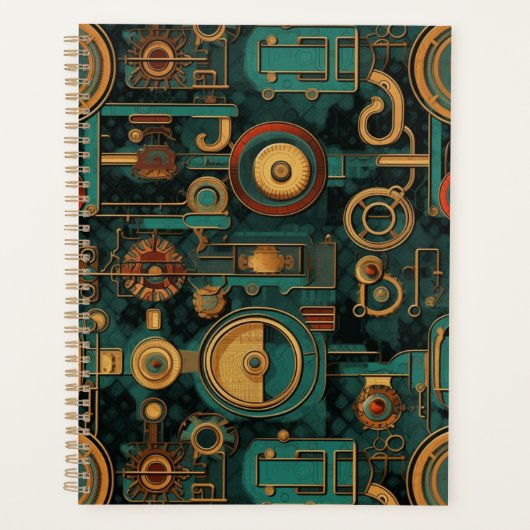 Steampunk Gears Blauwgroen rood goud Planner (Voorkant)