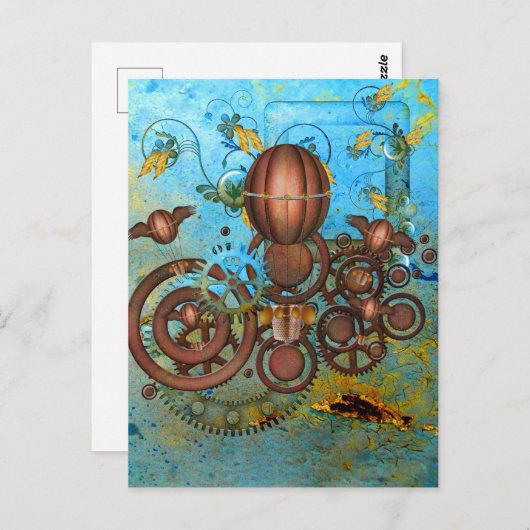 Steampunk Gears Collage Aqua Copper Briefkaart (Voorkant / Achterkant)