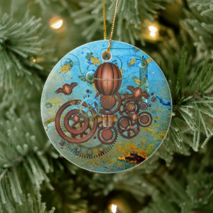 Steampunk Gears Collage Aqua Copper Ornament