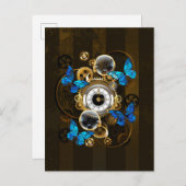Steampunk Gears en Blue Butterflies Aankondigingskaart (Voorkant / Achterkant)