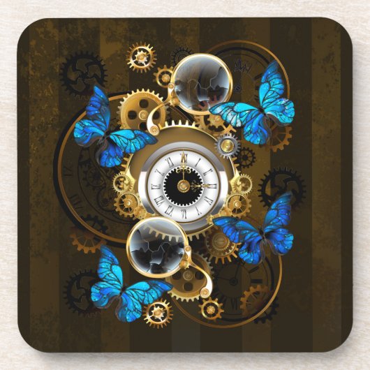 Steampunk Gears en Blue Butterflies Bier Onderzetter (Voorkant)