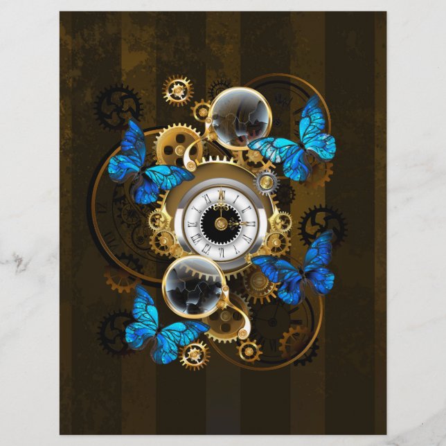 Steampunk Gears en Blue Butterflies Briefhoofd (Voorkant)