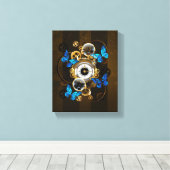 Steampunk Gears en Blue Butterflies Canvas Afdruk (Insitu (Houten vloer))
