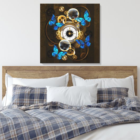Steampunk Gears en Blue Butterflies Canvas Afdruk (Insitu (Slaapkamer))