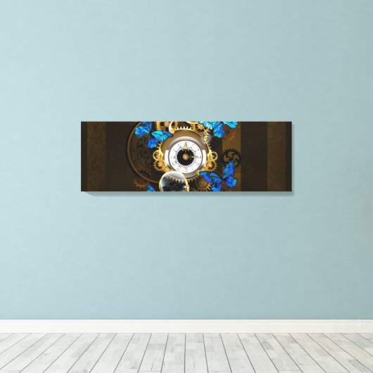 Steampunk Gears en Blue Butterflies Canvas Afdruk (Insitu (Houten vloer))