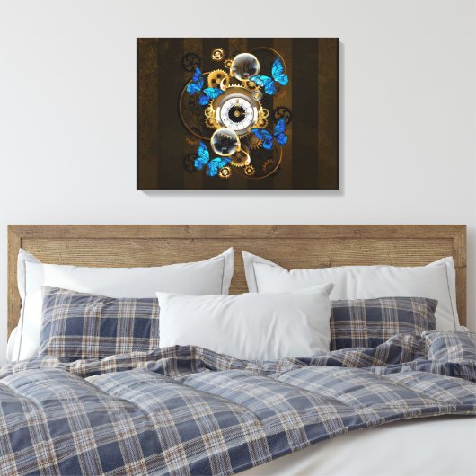 Steampunk Gears en Blue Butterflies Canvas Afdruk (Insitu (Slaapkamer))