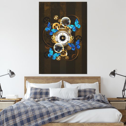 Steampunk Gears en Blue Butterflies Canvas Afdruk (Insitu (Slaapkamer))