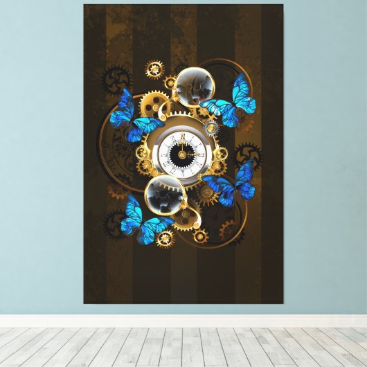 Steampunk Gears en Blue Butterflies Canvas Afdruk (Insitu (Houten vloer))