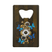 Steampunk Gears en Blue Butterflies Creditkaart Flessenopener (Voorkant)