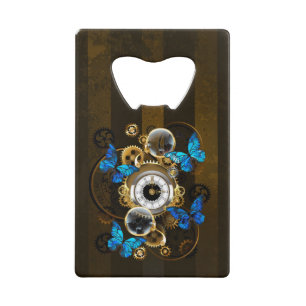 Steampunk Gears en Blue Butterflies Creditkaart Flessenopener