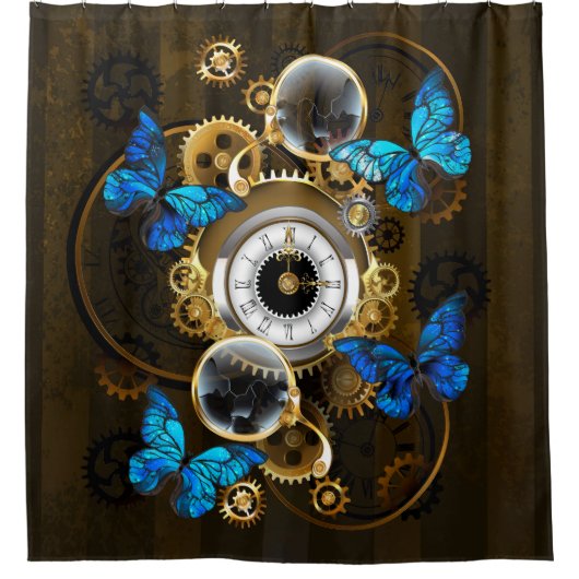 Steampunk Gears en Blue Butterflies Douchegordijn (Voorkant)