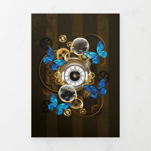 Steampunk Gears en Blue Butterflies Drieluik Uitnodiging (Cover)