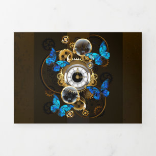 Steampunk Gears en Blue Butterflies Drieluik Uitnodiging
