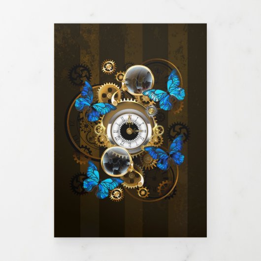 Steampunk Gears en Blue Butterflies Drieluik Wenskaart (Cover)