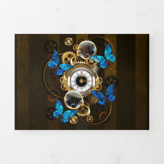 Steampunk Gears en Blue Butterflies Drieluik Wenskaart (Cover)