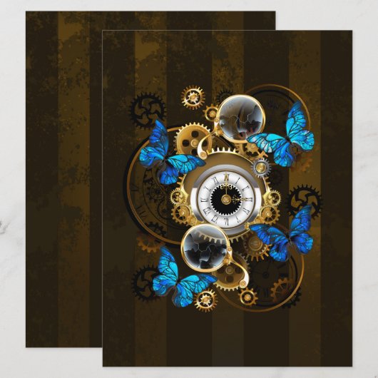 Steampunk Gears en Blue Butterflies Feestdagenkaart (Voorkant / Achterkant)
