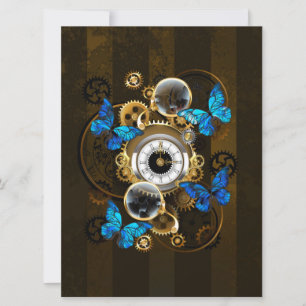 Steampunk Gears en Blue Butterflies Feestdagenkaart