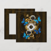 Steampunk Gears en Blue Butterflies Feestdagenkaart (Voorkant / Achterkant)