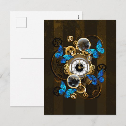 Steampunk Gears en Blue Butterflies Feestdagenkaart (Voorkant / Achterkant)