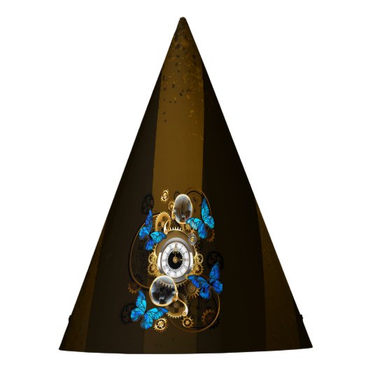 Steampunk Gears en Blue Butterflies Feesthoedjes (Voorkant)