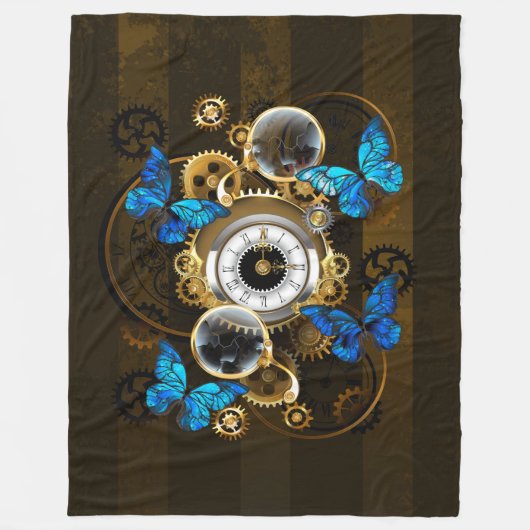 Steampunk Gears en Blue Butterflies Fleece Deken (Voorkant)