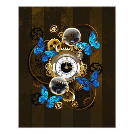 Steampunk Gears en Blue Butterflies Foto Afdruk (Voorkant)