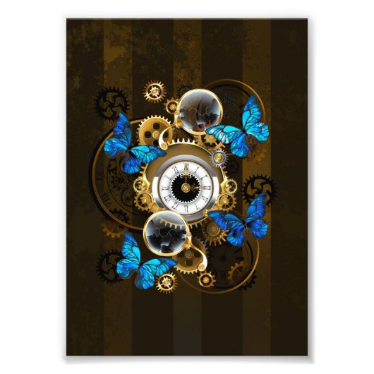 Steampunk Gears en Blue Butterflies Foto Afdruk (Voorkant)