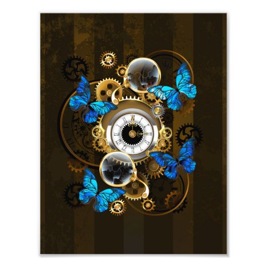 Steampunk Gears en Blue Butterflies Foto Afdruk (Voorkant)