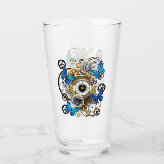 Steampunk Gears en Blue Butterflies Glas (Achterkant)