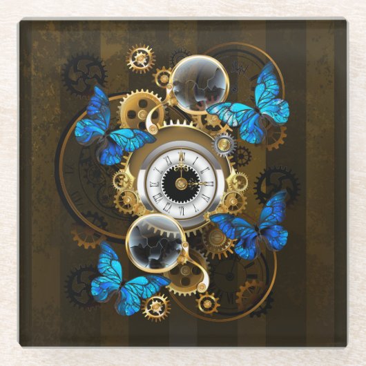 Steampunk Gears en Blue Butterflies Glazen Onderzetter (Voorkant)
