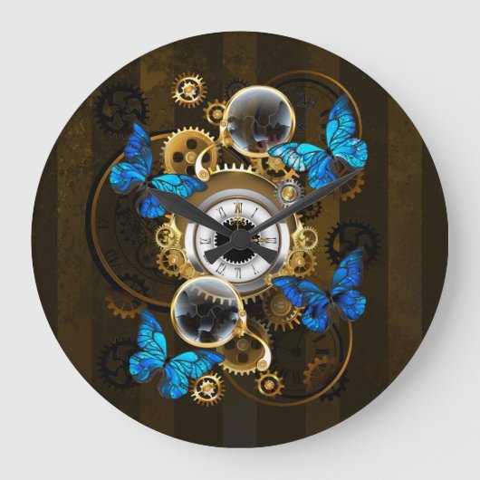 Steampunk Gears en Blue Butterflies Grote Klok (Voorkant)