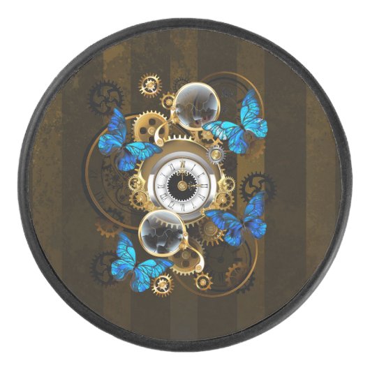 Steampunk Gears en Blue Butterflies Hockey Puck (Voorkant)