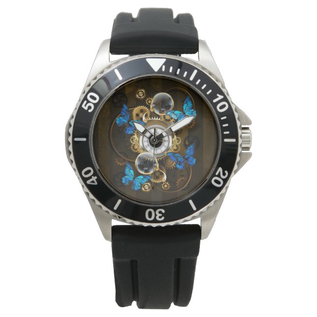 Steampunk Gears en Blue Butterflies Horloge (Voorkant)