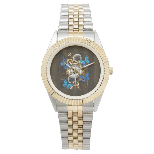 Steampunk Gears en Blue Butterflies Horloge (Voorkant)