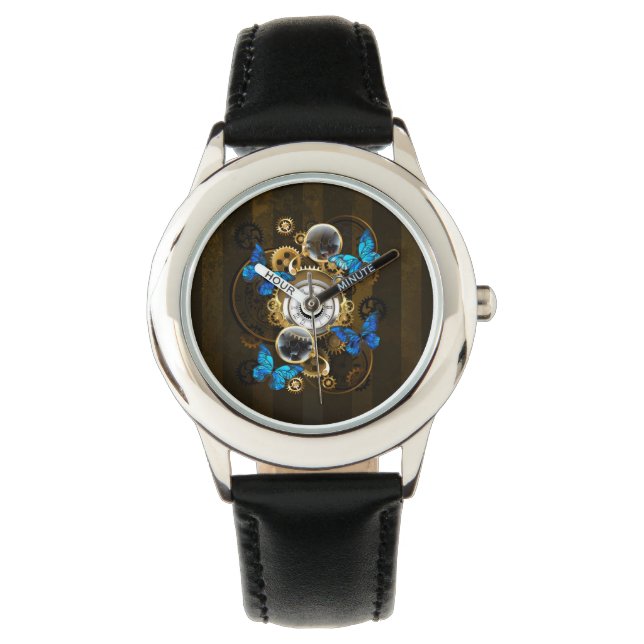 Steampunk Gears en Blue Butterflies Horloge (Voorkant)